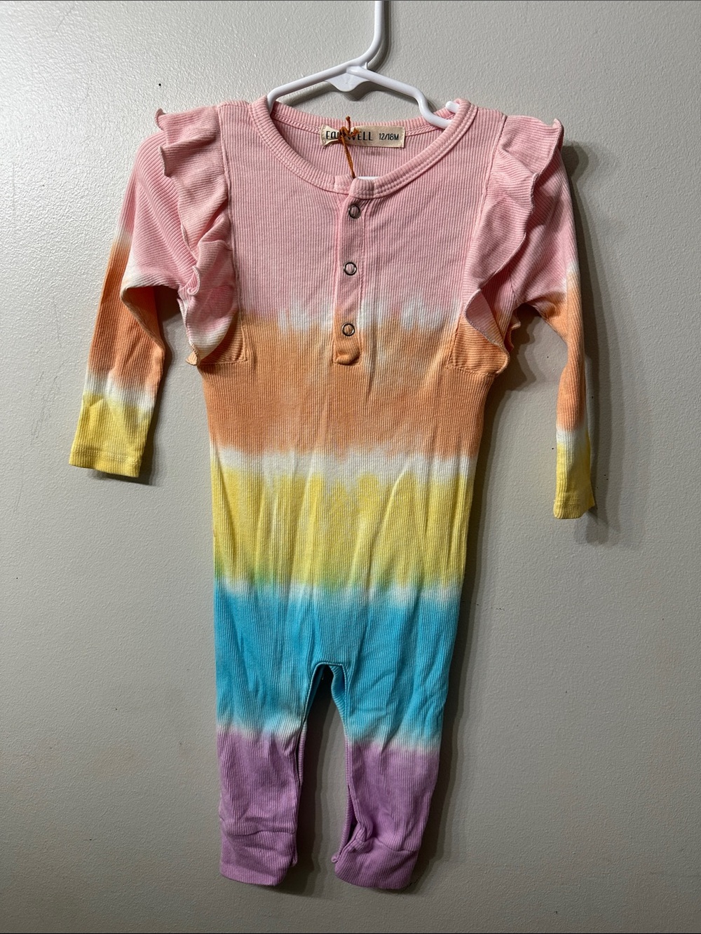 Fairwell Baby Tie Dye Ruffle Romper 12-18M Rainbow Ribbed NWT